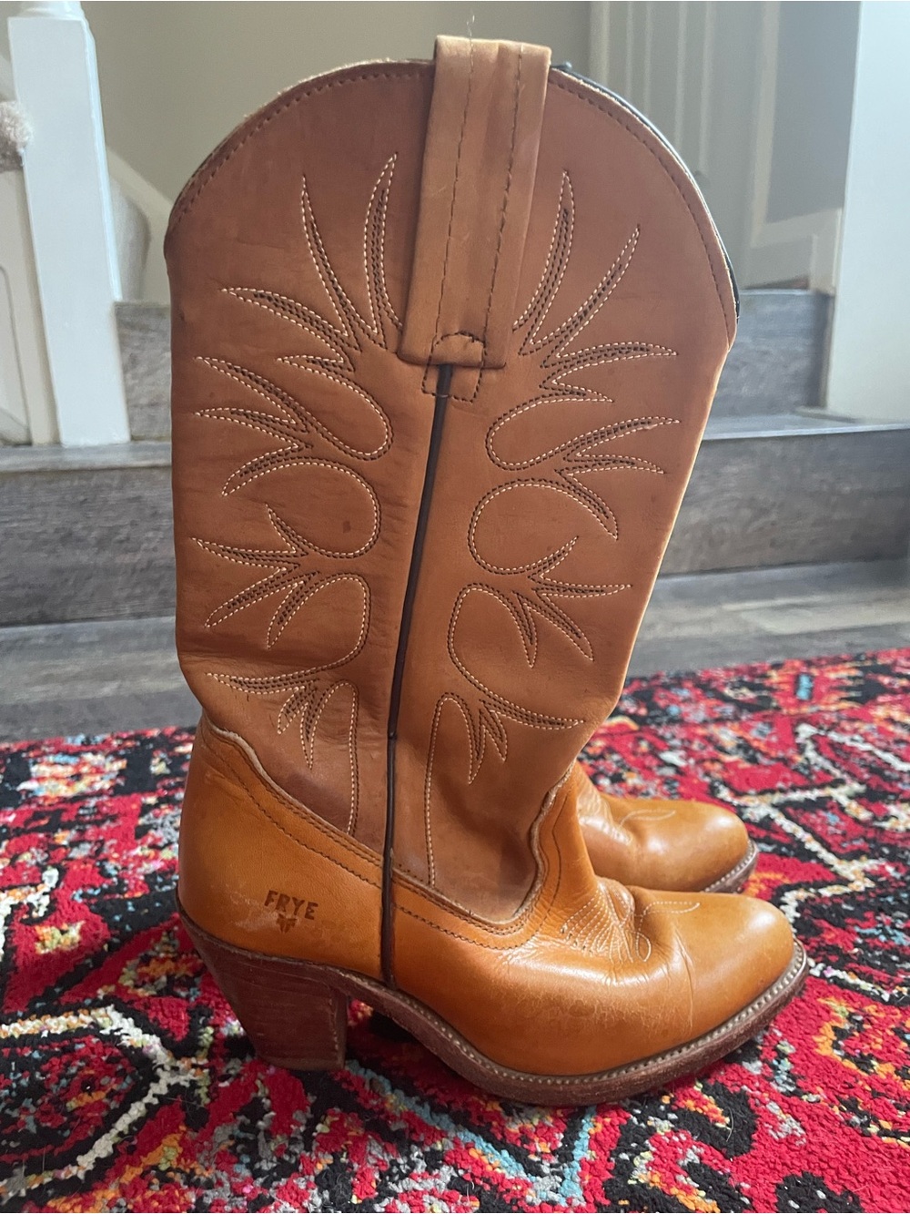 FRYE 6182 Honey Tan Leather High Heel Cowboy Boots Women's 6B USA